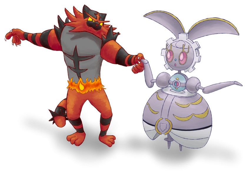 incineroar and magearna (pokemon) drawn by pyritie