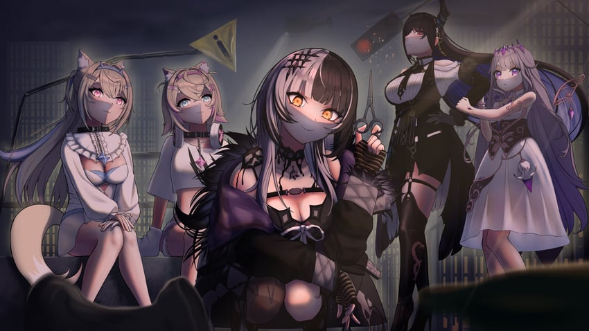 shiori novella, nerissa ravencroft, fuwawa abyssgard, mococo abyssgard, and koseki bijou (hololive and 1 more) drawn by ichira