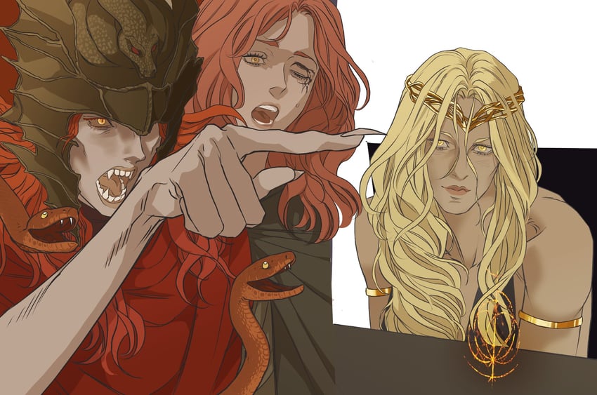 melina, queen marika the eternal, and messmer the impaler (elden ring and 1 more) drawn by marceline2174