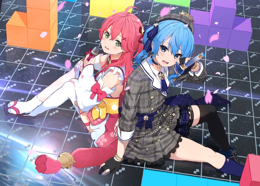 hoshimachi suisei and sakura miko (hololive and 1 more) drawn by icehotmilktea