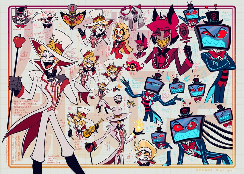 lucifer morningstar, charlie morningstar, alastor, vaggie, vox, and 4 more (hazbin hotel) drawn by momochi_(bmbmomomo)