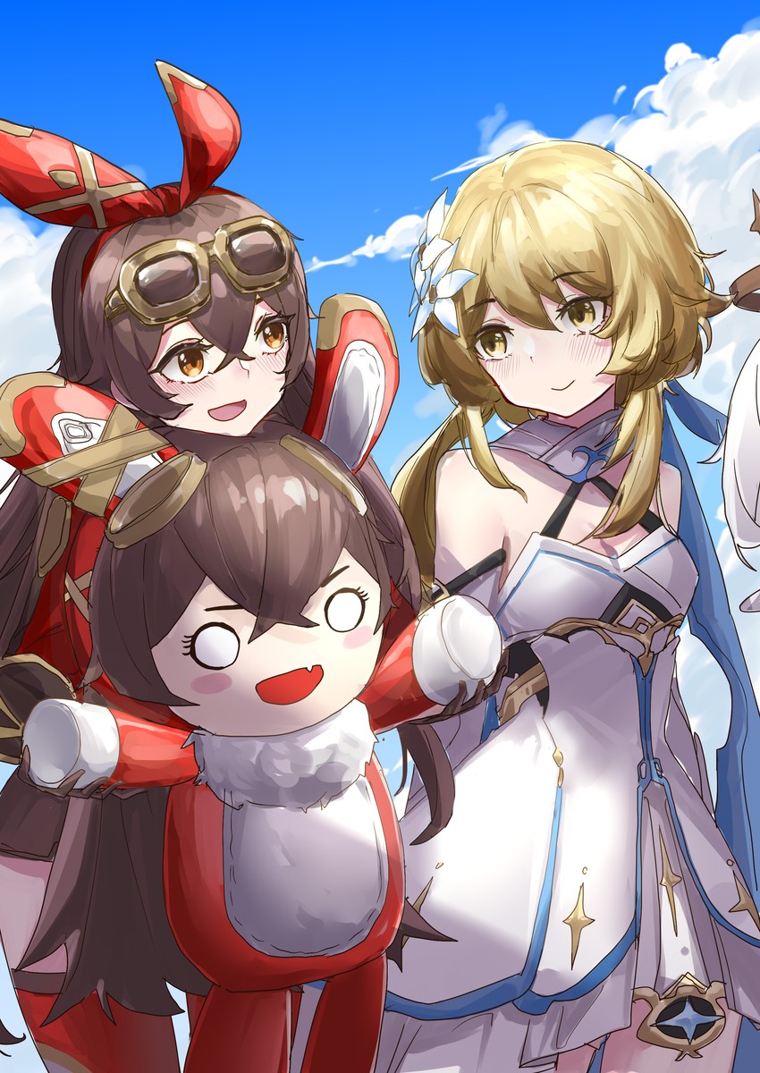 lumine, paimon, amber, and baron bunny (genshin impact) drawn by sao7