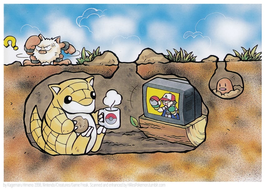 ash ketchum, diglett, sandshrew, and primeape (pokemon and 1 more) drawn by himeno_kagemaru