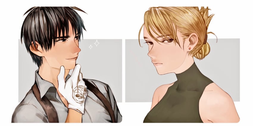 riza hawkeye and roy mustang (fullmetal alchemist) drawn by ichita_kuuto