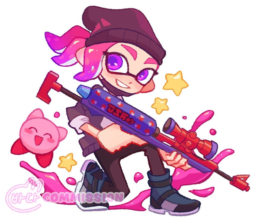 inkling player character, inkling girl, and kirby (splatoon and 2 more) drawn by tokkibada