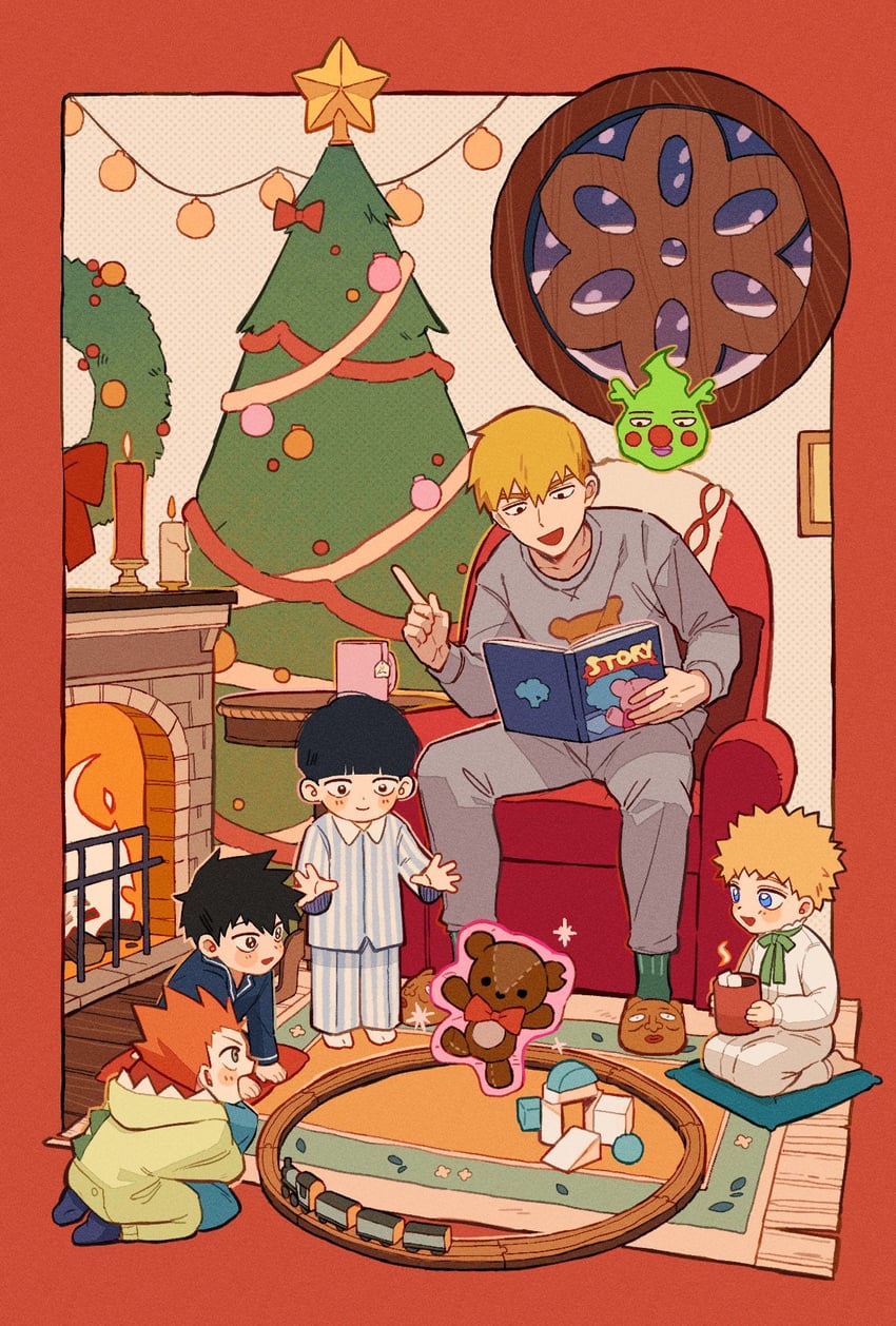 kageyama shigeo, reigen arataka, ekubo, kageyama ritsu, hanazawa teruki, and 1 more (mob psycho 100) drawn by lingshi_reishi
