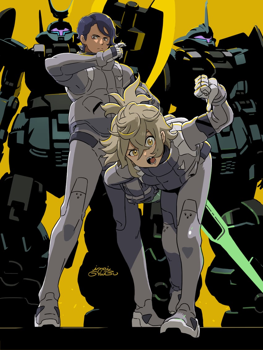 felsi rollo, lauda neill, dilanza, and dilanza lauda custom (gundam and 1 more) drawn by gyoubu_ippei