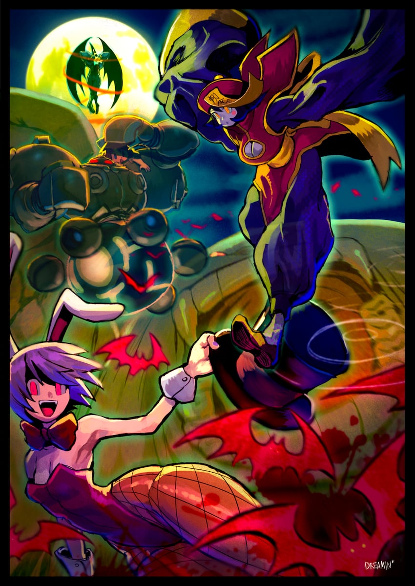 lilith, hsien-ko, demitri maximoff, sasquatch, and huitzil (darkstalkers) drawn by dreaminerryday