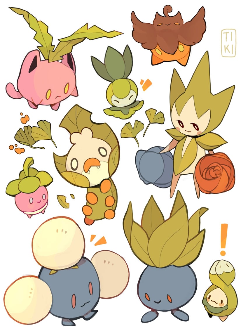 oddish, hoppip, pumpkaboo, jumpluff, budew, and 4 more (pokemon) drawn by tiki_(tikivt)