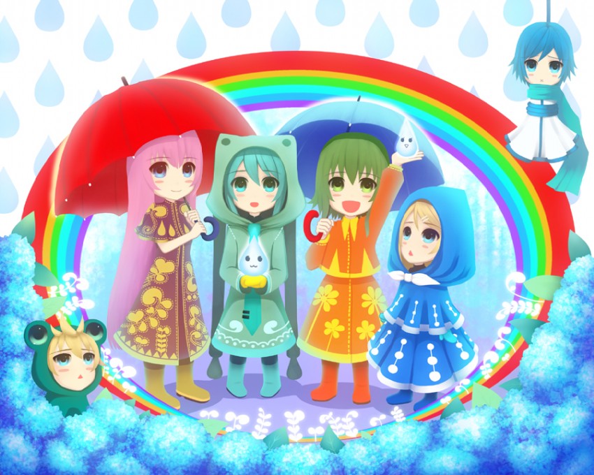 hatsune miku, kagamine rin, kagamine len, megurine luka, kaito, and 1 more (vocaloid) drawn by sakimori_(hououbds)