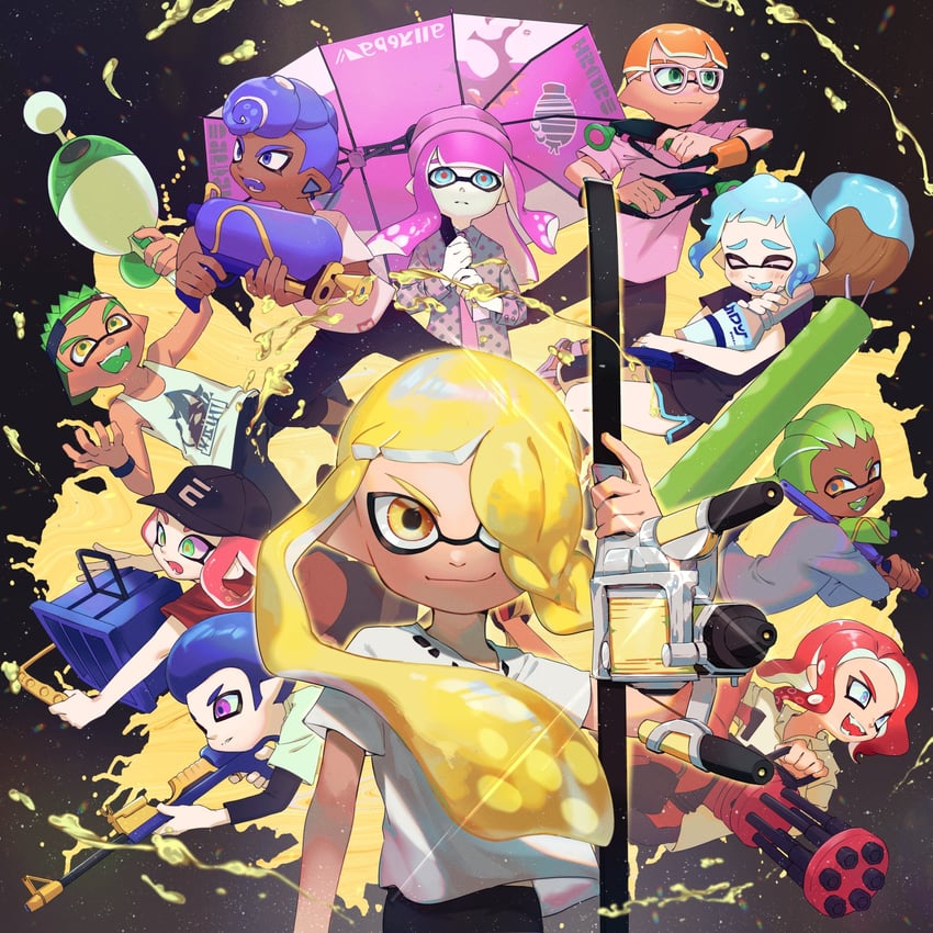 inkling player character, inkling girl, octoling player character, octoling girl, inkling boy, and 2 more (splatoon and 1 more) drawn by yamagishi_chihiro