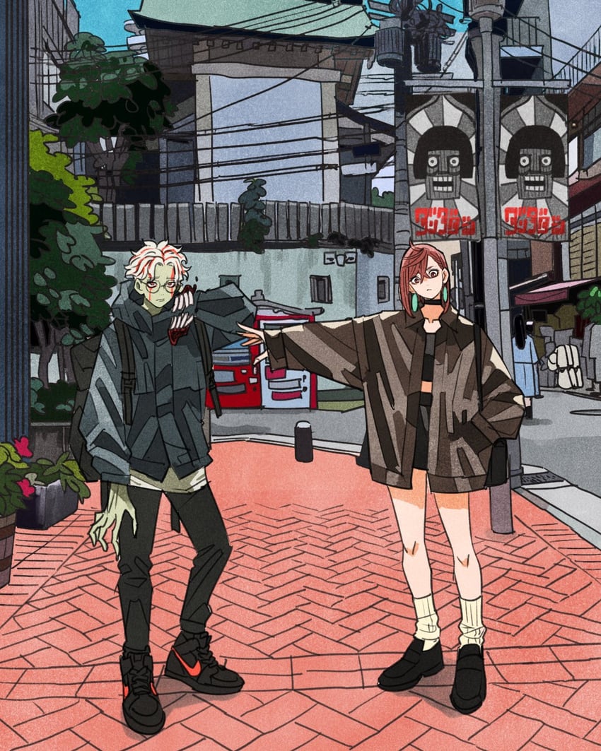ayase momo, takakura ken, and flatwoods monster (dandadan) drawn by takeuchi_ryousuke