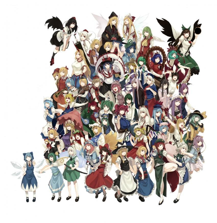 hakurei reimu, kirisame marisa, remilia scarlet, flandre scarlet, izayoi sakuya, and 52 more (touhou and 1 more) drawn by muneneko