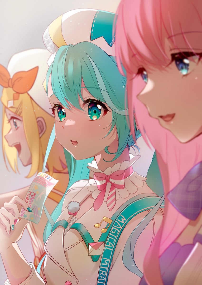 hatsune miku, kagamine rin, megurine luka, magical mirai miku, magical mirai rin, and 1 more (vocaloid and 1 more) drawn by tamakiwachi