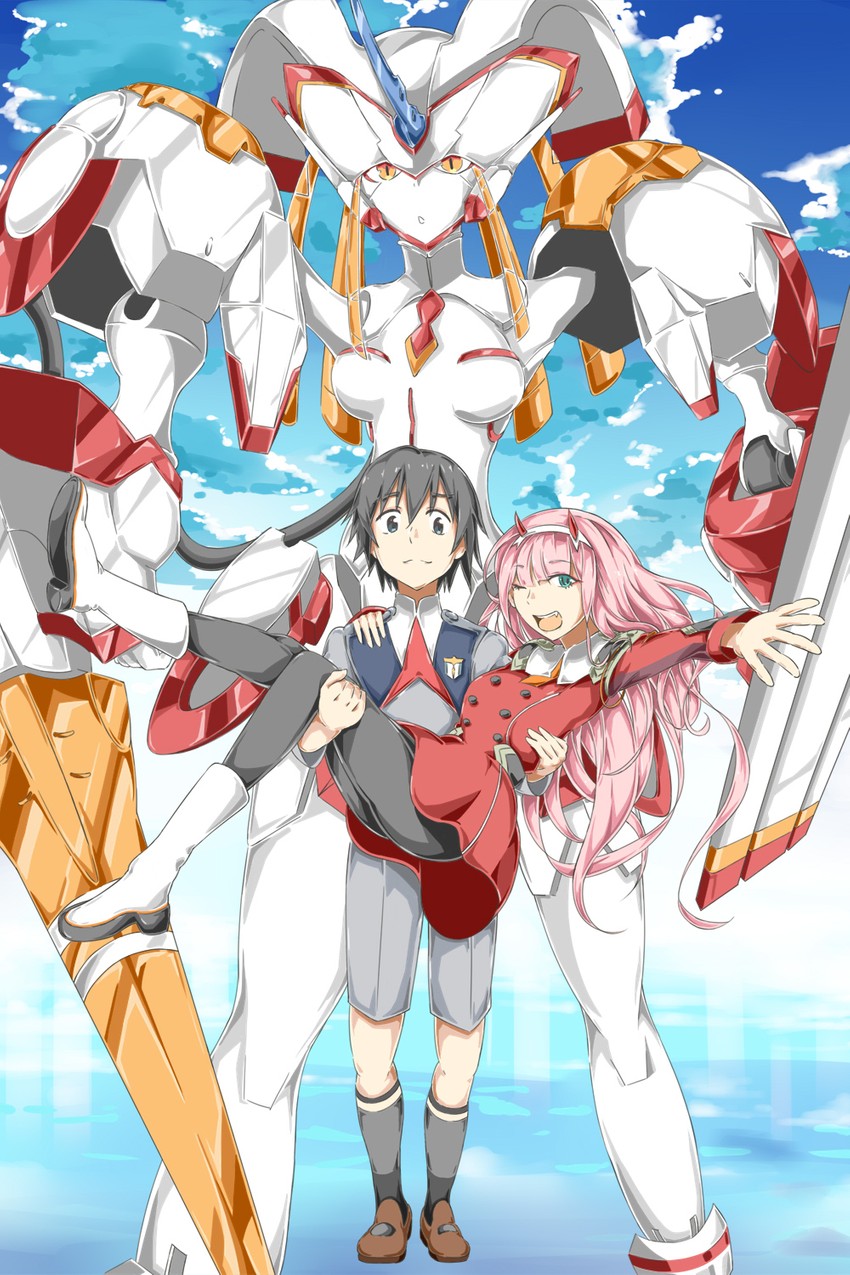 zero two, hiro, and strelizia (darling in the franxx) drawn by maru_sashi