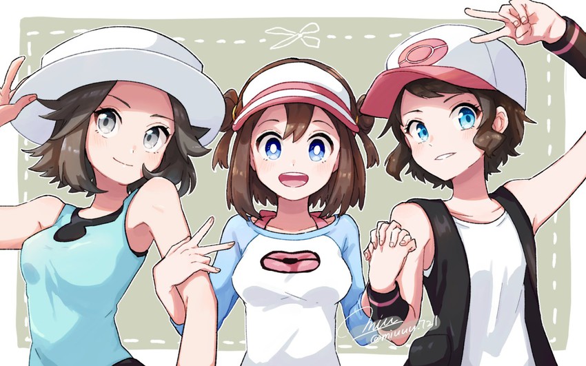 rosa, hilda, and leaf (pokemon and 3 more) drawn by miu_(miuuu_721)