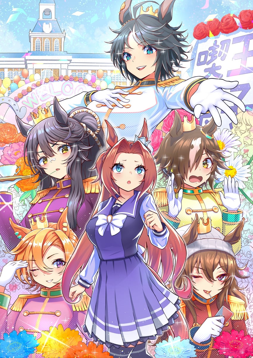 vodka, agnes digital, narita brian, t.m. opera o, fuji kiseki, and 2 more (umamusume) drawn by nabe_puyo