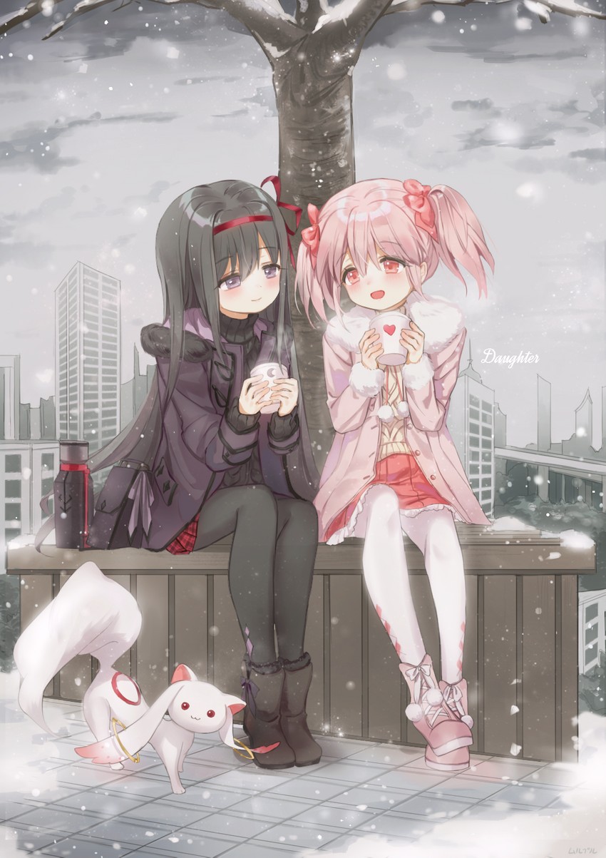 akemi homura, kaname madoka, and kyubey (mahou shoujo madoka magica) drawn by haruri