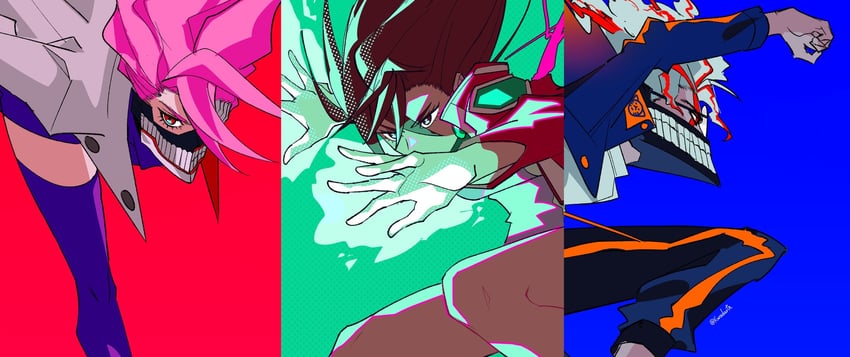 ayase momo, takakura ken, shiratori aira, and acrobatic silky (dandadan) drawn by kwadarth