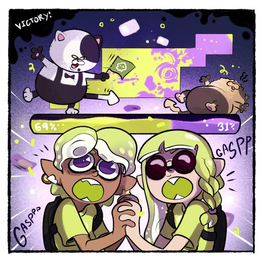 inkling player character, inkling girl, judd, and li'l judd (splatoon) drawn by rainbowcraftz
