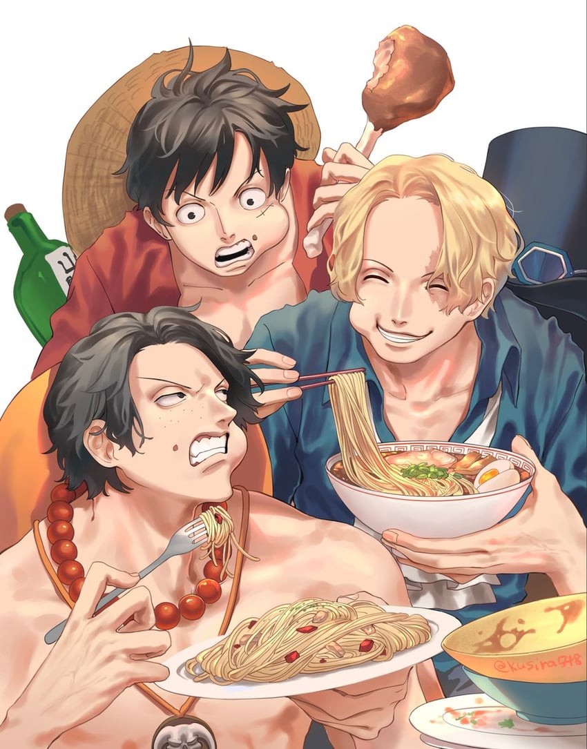 monkey d. luffy, portgas d. ace, and sabo (one piece) drawn by kusira548