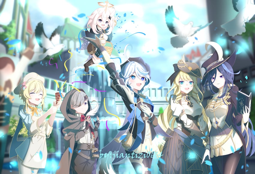lumine, furina, paimon, navia, lyney, and 1 more (genshin impact) drawn by jiantizi0614