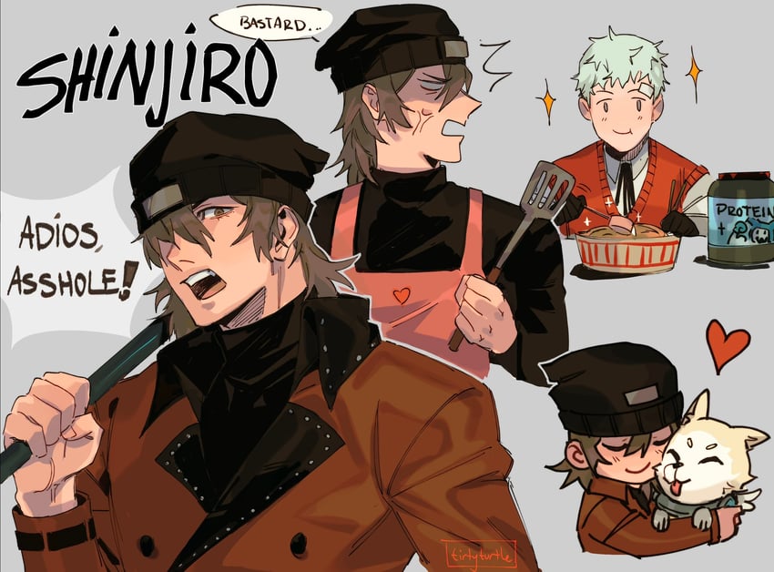 sanada akihiko, aragaki shinjirou, and koromaru (persona and 1 more) drawn by tirtyturtle