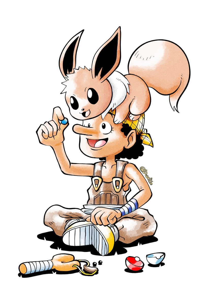 eevee and usopp (pokemon and 1 more) drawn by dwalkn
