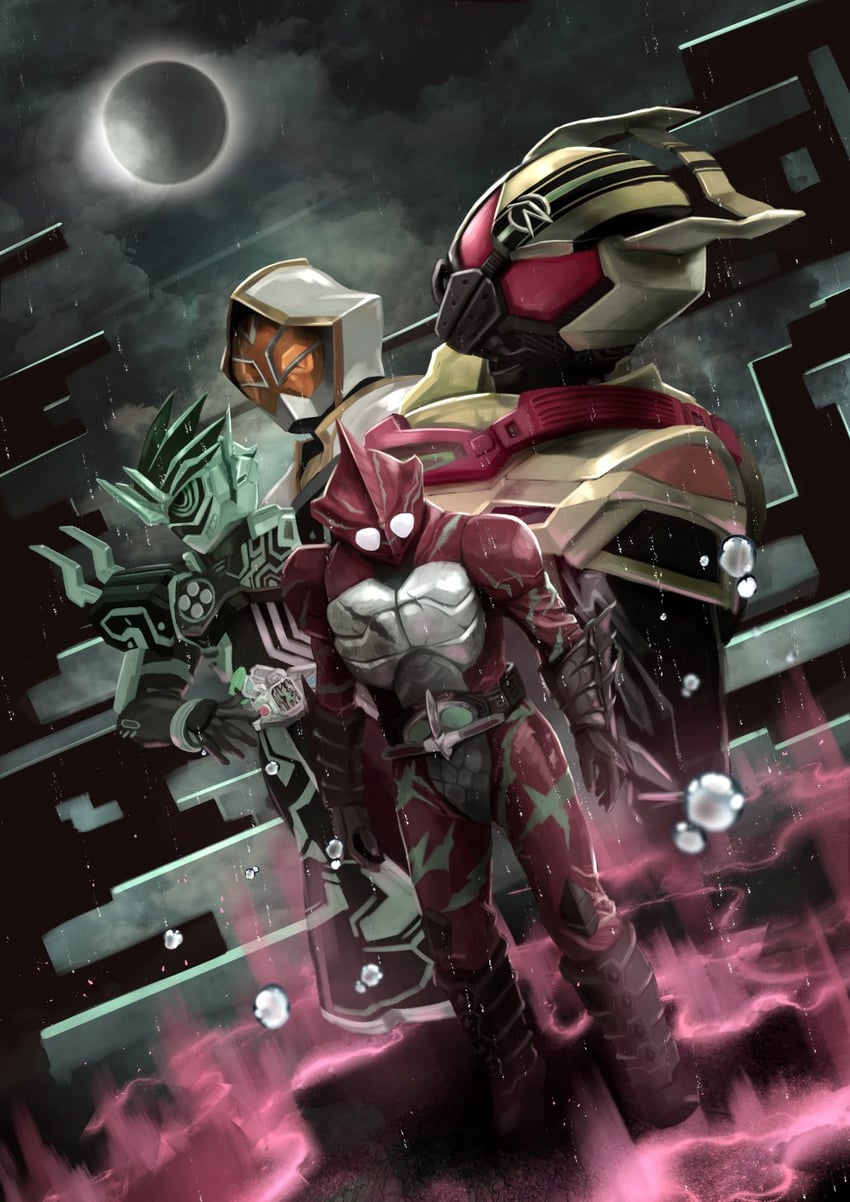 kamen rider amazon alpha, the white wizard, gold drive, and kamen rider cronus (kamen rider and 4 more) drawn by tsubasansan