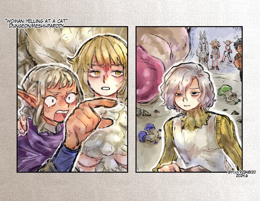 falin touden, mithrun, kabru, thistle, fleki, and 3 more (dungeon meshi) drawn by wanpiyo