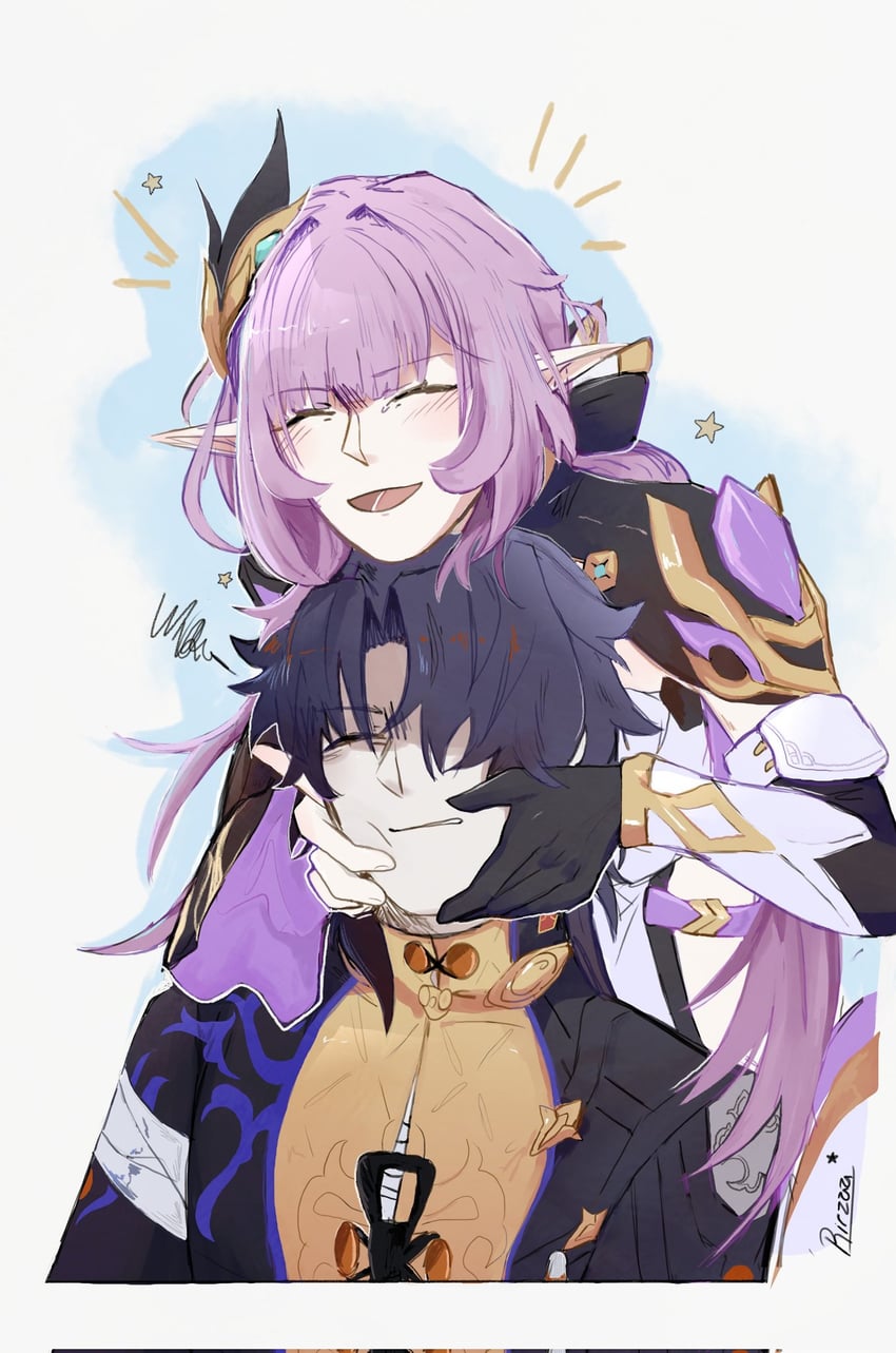 elysia and blade (honkai and 2 more) drawn by rirzaa