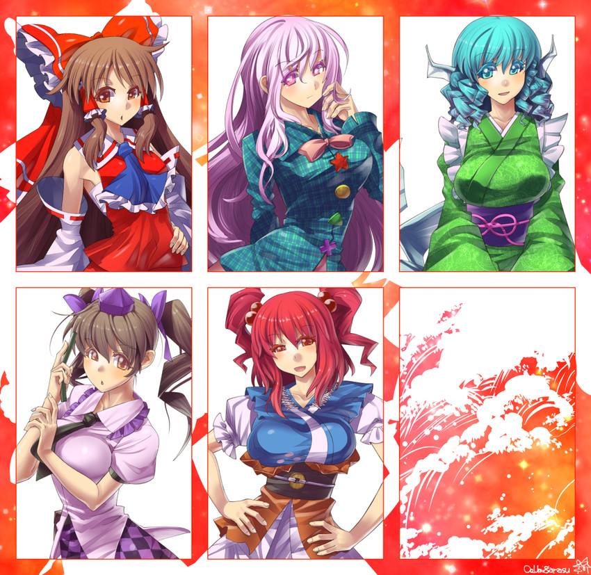 hakurei reimu, onozuka komachi, himekaidou hatate, hata no kokoro, and wakasagihime (touhou) drawn by umigarasu_(kitsune1963)