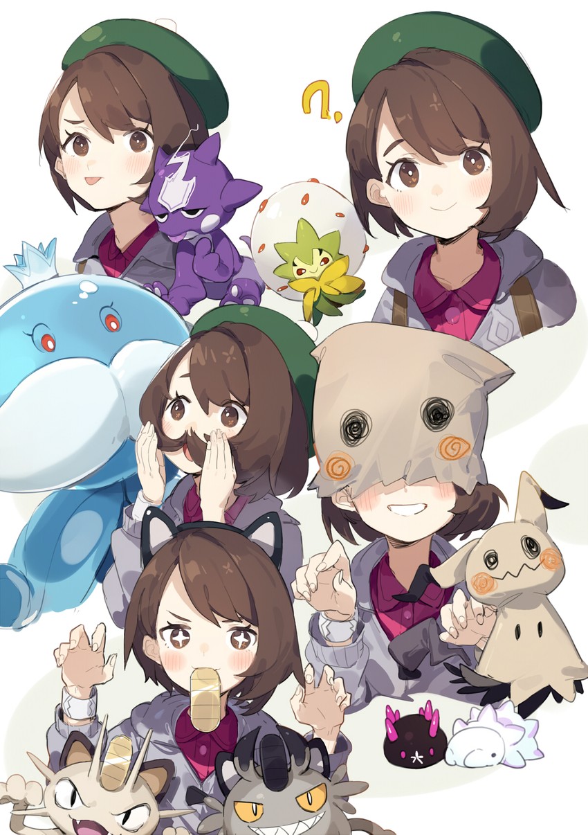 gloria, mimikyu, meowth, snom, pyukumuku, and 4 more (pokemon and 1 more) drawn by sh_(shinh)