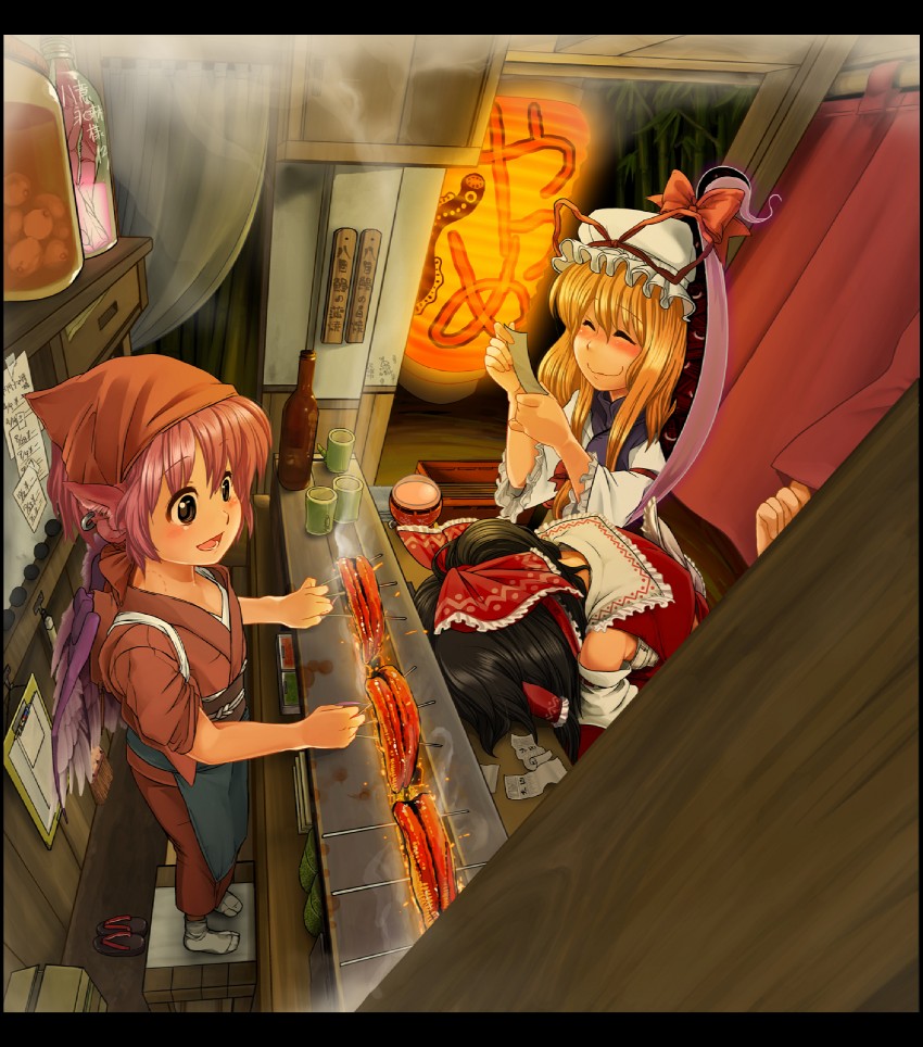 hakurei reimu, alice margatroid, yakumo yukari, mystia lorelei, and okamisty (touhou) drawn by bon_(rump)