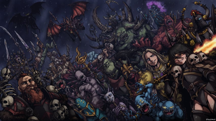 archaon the everchosen, sigvald the magnificent, valkia the bloody, wulfrik the wanderer, the changeling, and 13 more (warhammer fantasy) drawn by hellcross_(dkrejd2000)