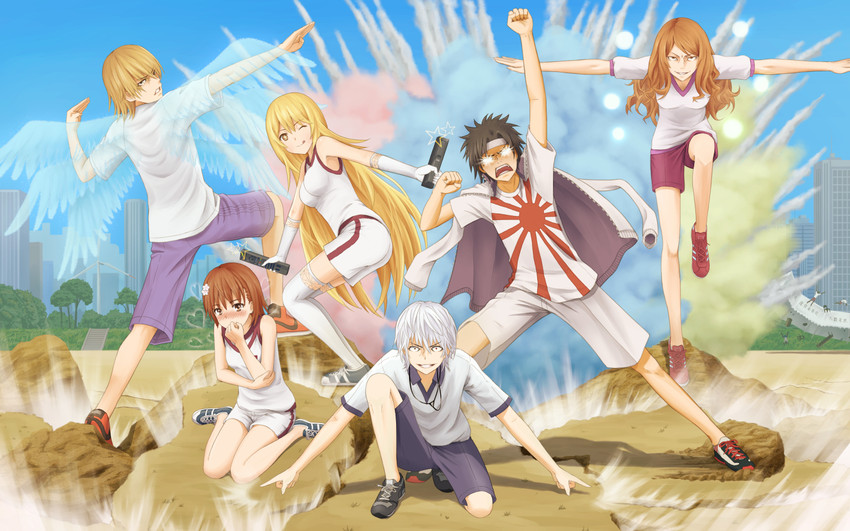 misaka mikoto, shokuhou misaki, accelerator, mugino shizuri, kakine teitoku, and 1 more (dragon ball and 4 more) drawn by yubari_rumoi