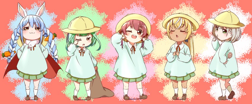 houshou marine, usada pekora, shirogane noel, uruha rushia, shiranui flare, and 1 more (hololive) drawn by meme_tesshin
