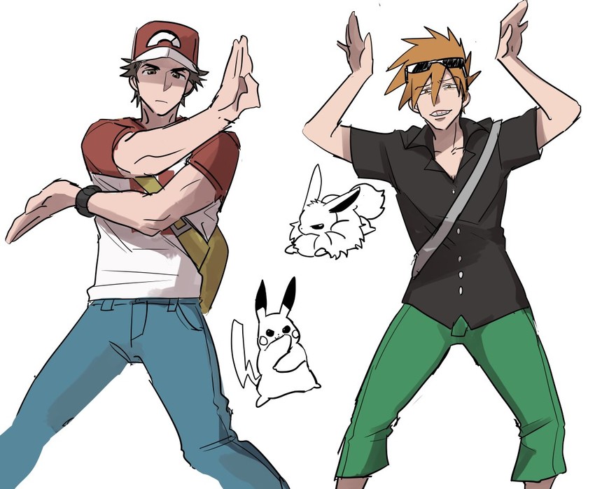pikachu, red, eevee, and blue oak (pokemon and 1 more) drawn by toumas
