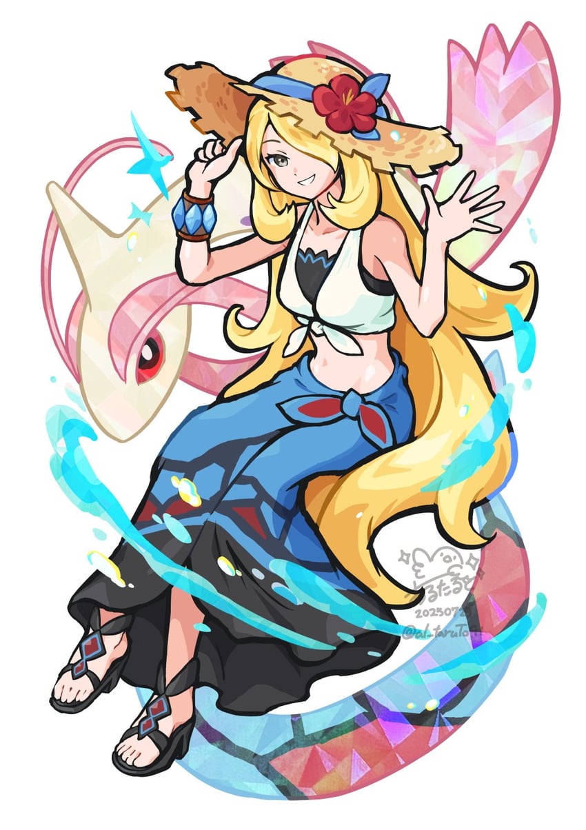cynthia and milotic (pokemon and 1 more) drawn by arutarika_(ri_kaoekaki)