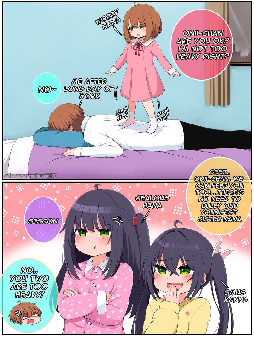 onii-chan, nana, kanna, and hana (original) drawn by eleazarmikai
