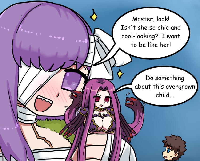 fujimaru ritsuka, medusa, kingprotea, and gorgon (fate and 1 more) drawn by raskasar