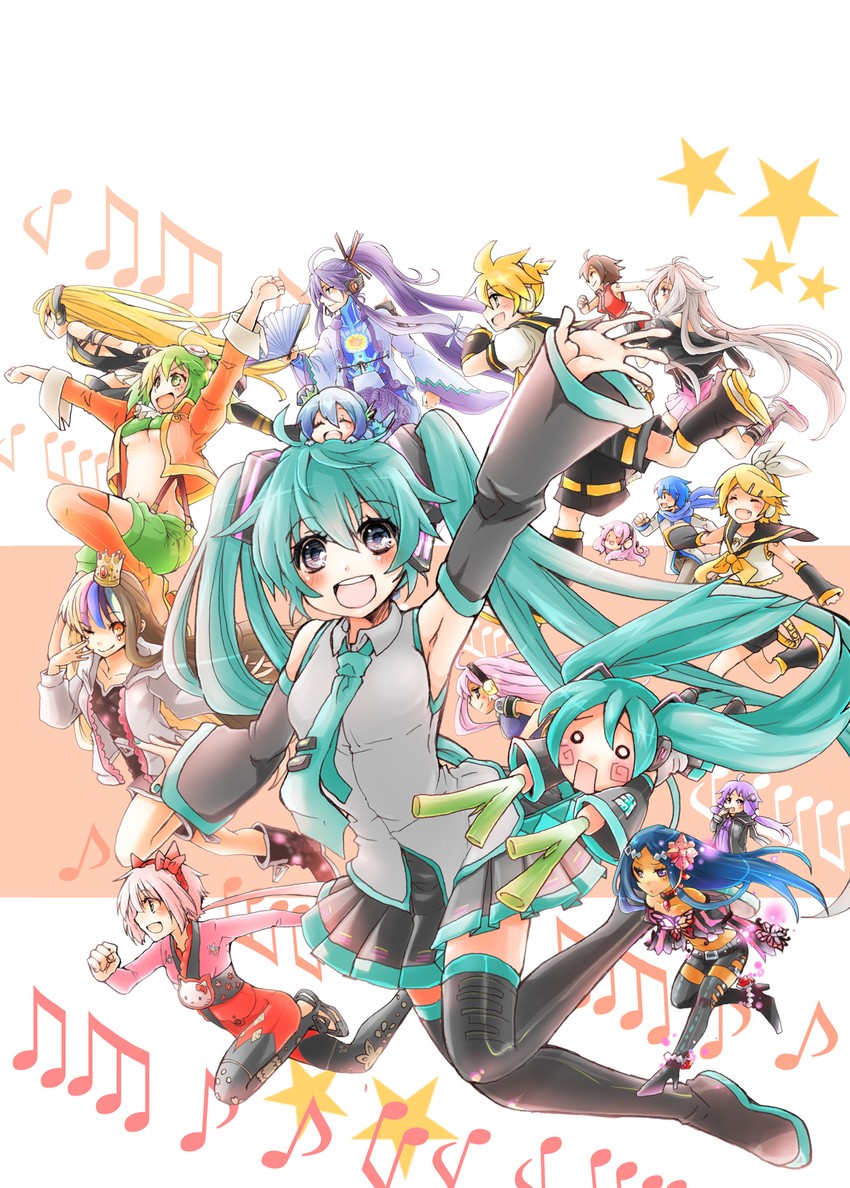 hatsune miku, kagamine rin, kagamine len, megurine luka, yuzuki yukari, and 12 more (vocaloid and 1 more) drawn by meganeinu