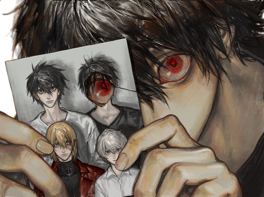 l, near, mello, and beyond birthday (death note and 1 more) drawn by mvrl