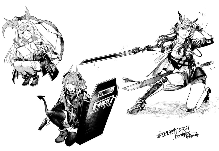 ch'en, liskarm, and manticore (arknights) drawn by kyo_zip