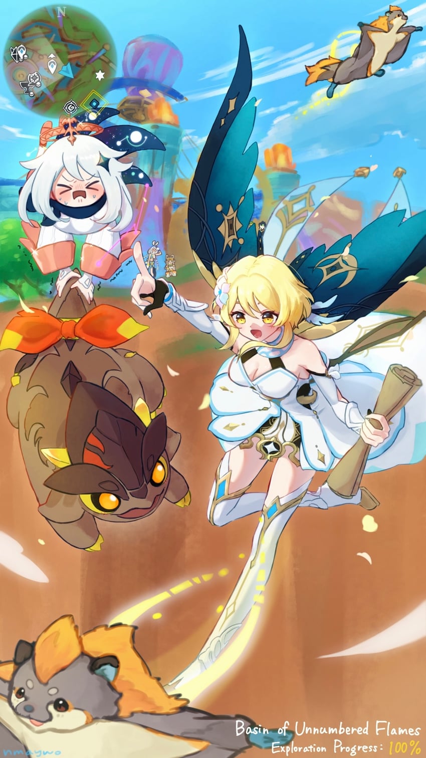 lumine, paimon, tepetlisaurus, and little one (genshin impact) drawn by nmaywo