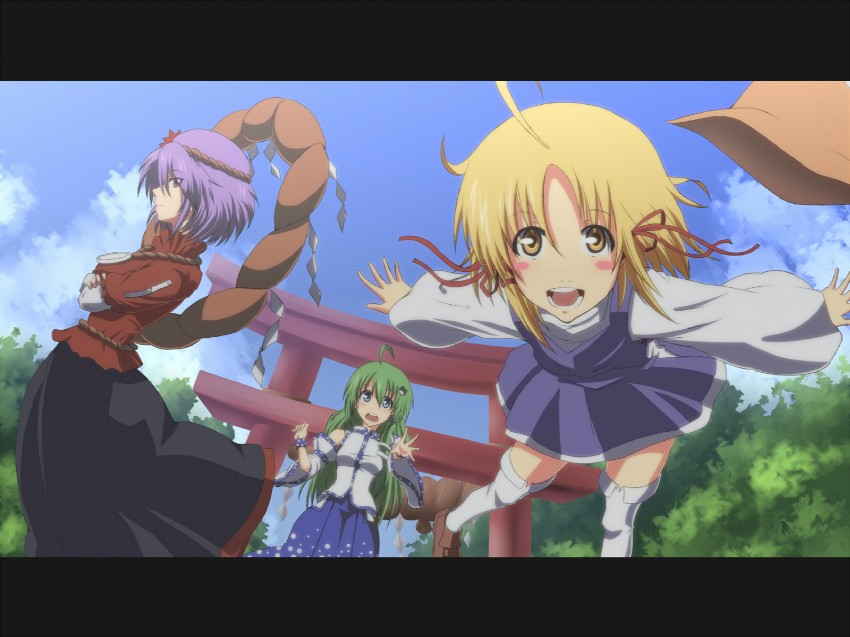 kochiya sanae, moriya suwako, and yasaka kanako (touhou) drawn by irie_keisuke_(handn)