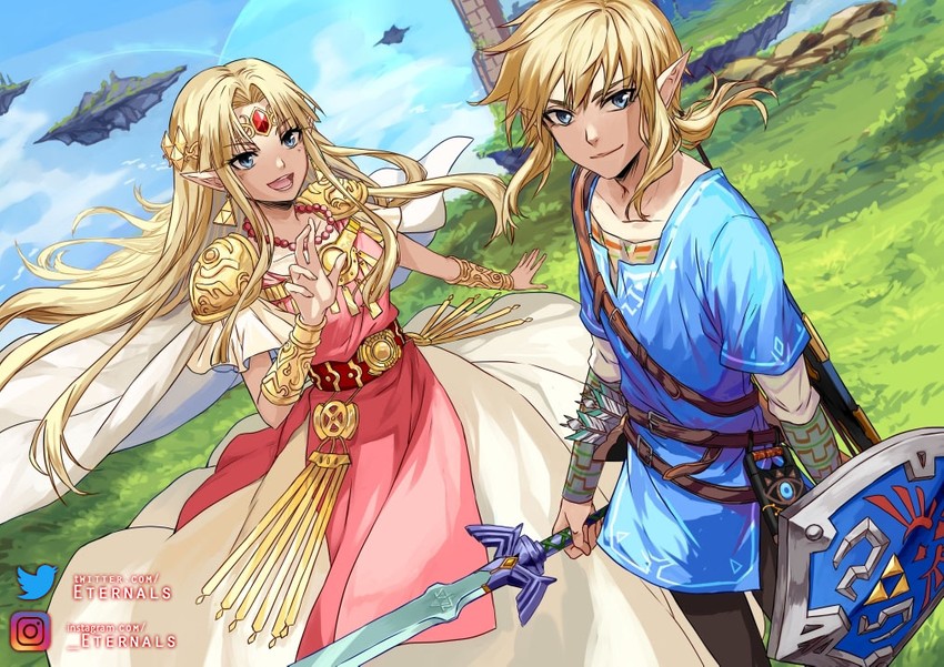 link and princess zelda (the legend of zelda and 3 more) drawn by ten-chan_(eternal_s)
