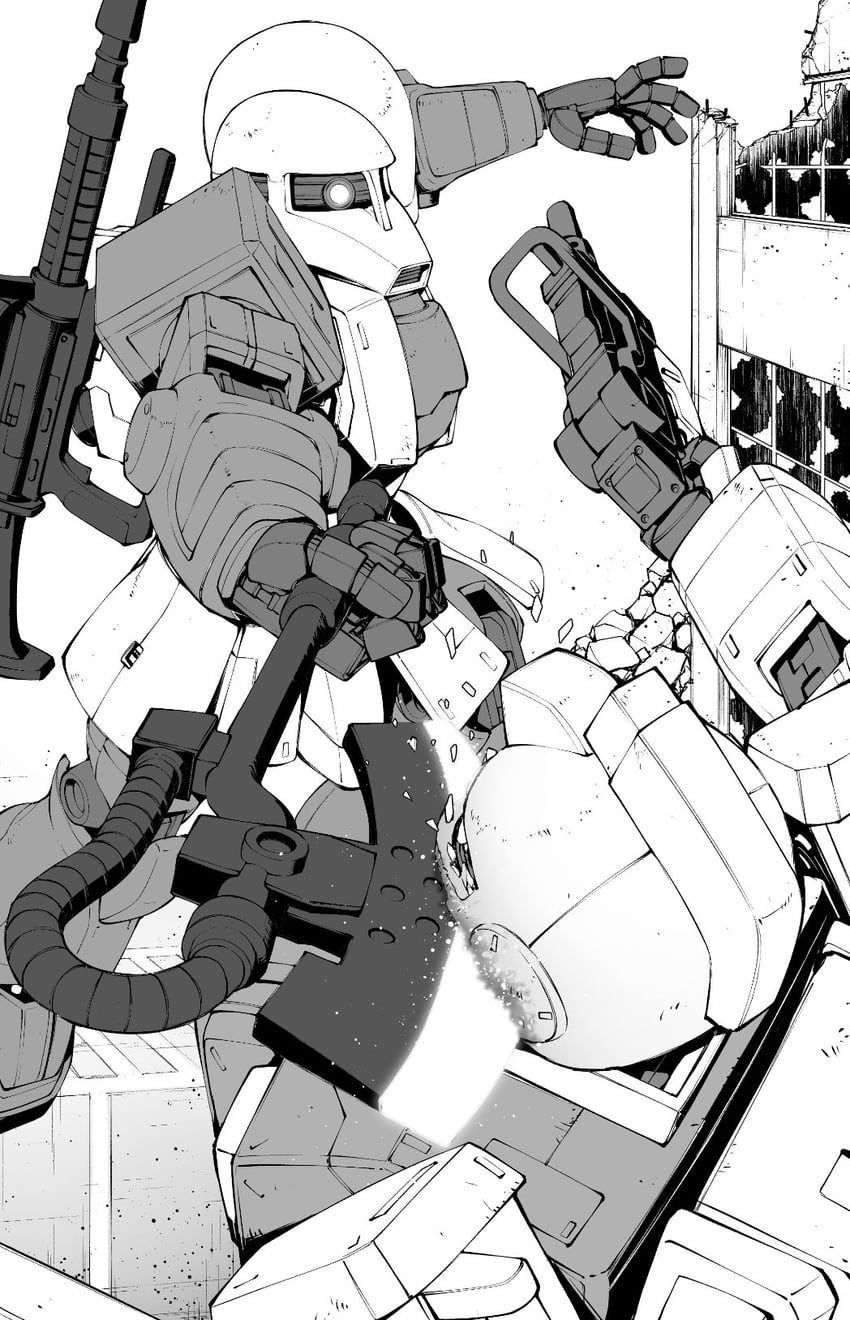 zaku i and ground gm (gundam and 1 more) drawn by takagi_shuei