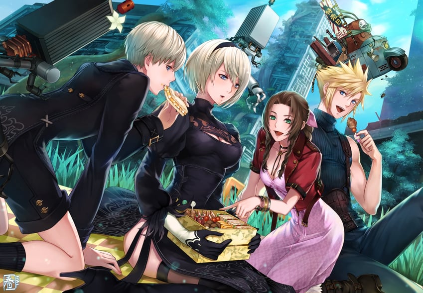 cloud strife, 2b, aerith gainsborough, and 9s (final fantasy and 4 more) drawn by halu-ca