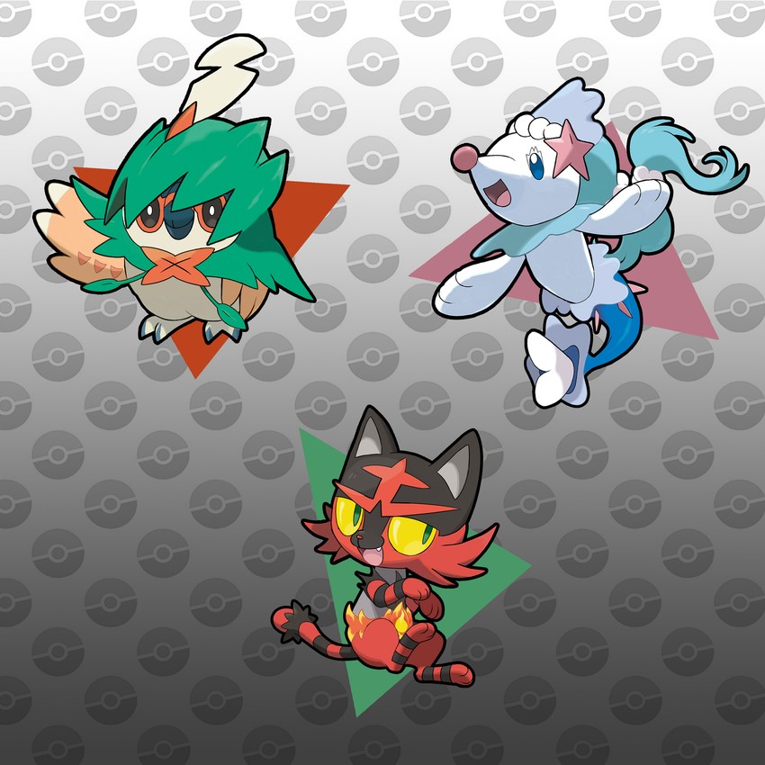 rowlet, popplio, litten, primarina, incineroar, and 1 more (pokemon)